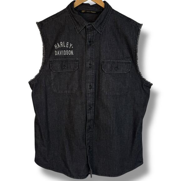 Harley Davidson Other - Harley Davidson HD Mens Black Denim Cutoff Sleeveless Shirt Top Logo Size Large